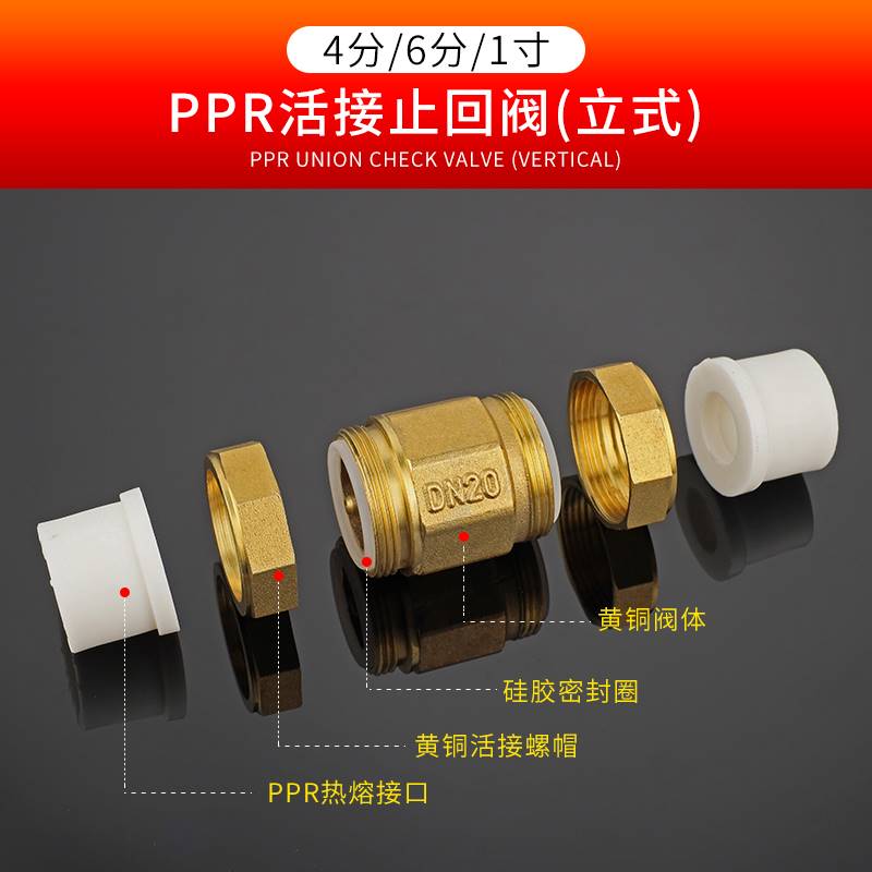 极速双热熔活接单向卧式逆止PPR黄铜止回阀自来M水管4分6分1寸20