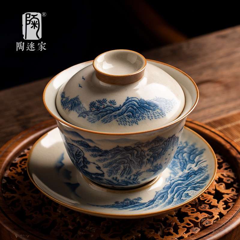 陶迷青花汝窑盖碗水墨风中式手抓壶三才碗开片可养泡茶具复古茶碗