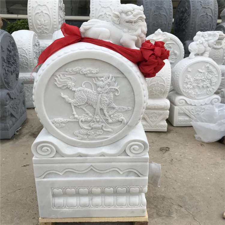 石雕门墩抱鼓石一对汉白玉貔貅别墅门口仿古青石麒麟摆件