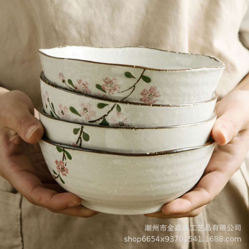 日式高温釉下彩5.5寸荷口碗手绘陶瓷餐具吃饭汤碗家用碗