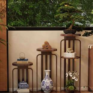 花架置物架阳台落地客厅花盆托架中古实木植物摆放架2026新款