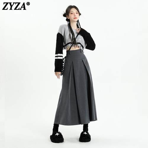 ZYZA灰色A字半身裙女2025年春夏新款春秋加厚长裙高级灰百褶裙子