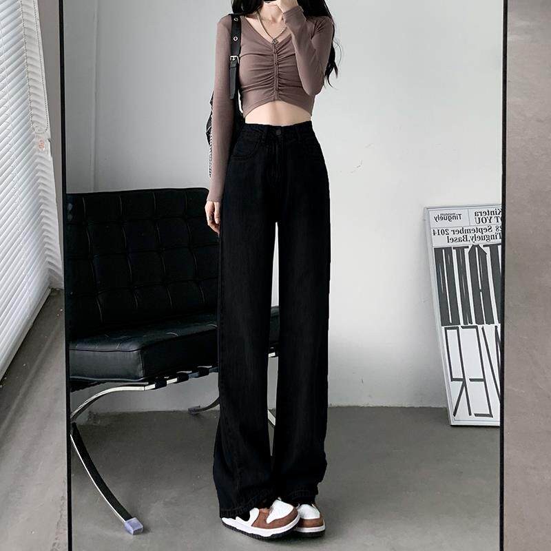 黑色直筒牛仔裤春季新款女2025梨型身材高腰显瘦小个子窄版阔腿裤