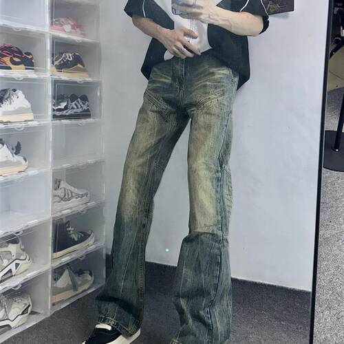GMCS美式水洗复古直筒拼接牛仔裤做旧微喇叭宽松休闲裤子潮牌