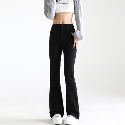 MJB 2025春季牛仔裤高腰直筒修身显瘦百搭黑色微喇叭马蹄高弹长裤