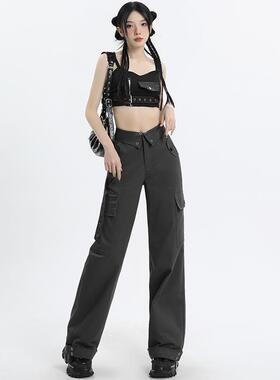 UYH高腰工装休闲裤女美式街头翻边腰头设计灰色宽松百搭直筒裤子