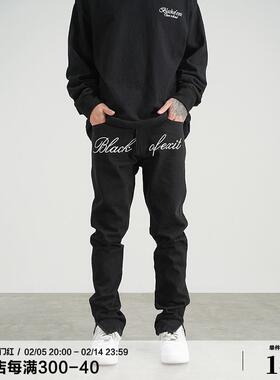 BLACK OF EXIT 国潮街头复古刺绣开叉牛仔裤黑色显瘦高街修身长裤