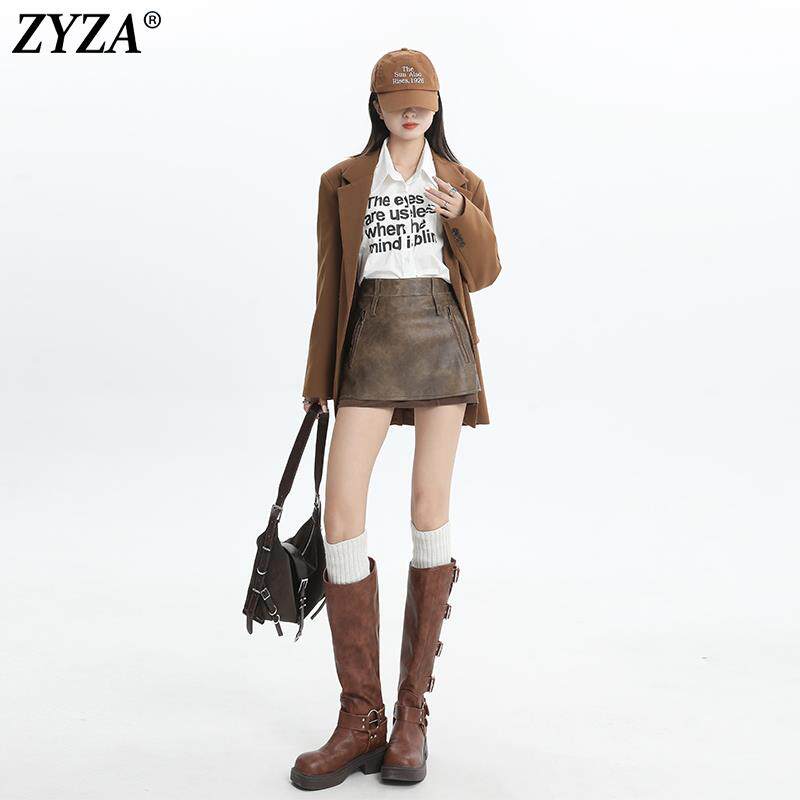 ZYZA美式超短裙复古辣妹PU皮半身裙女春夏新品A字裙皮裙包臀裙子