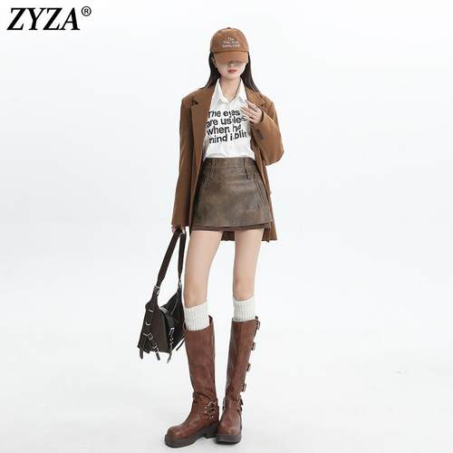 ZYZA美式超短裙复古辣妹PU皮半身裙女春夏新品A字裙皮裙包臀裙子