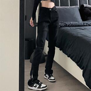 小脚直筒显瘦百搭裤 ins潮修身 子男 脚拉链黑色牛仔裤 9002up高街裤