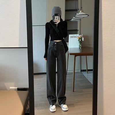 VMZM烟灰色高腰显瘦阔腿牛仔裤女2024年新款春季拖地裤宽松直筒裤