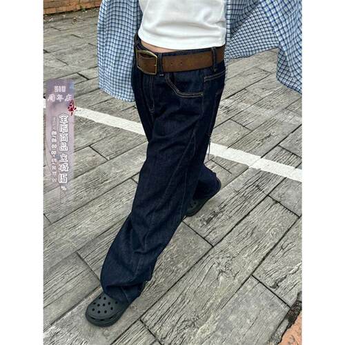 川川也丹宁原色宽松直筒复古牛仔裤男女美式街头拼接阔腿长裤潮牌