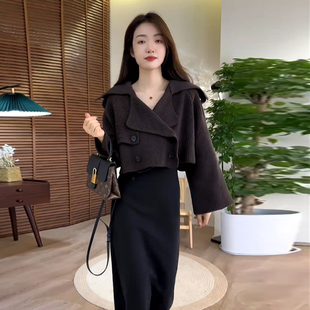 速发针织毛衣开衫半秋短套装2024身冬装新品外穿设计感薄款裙外套