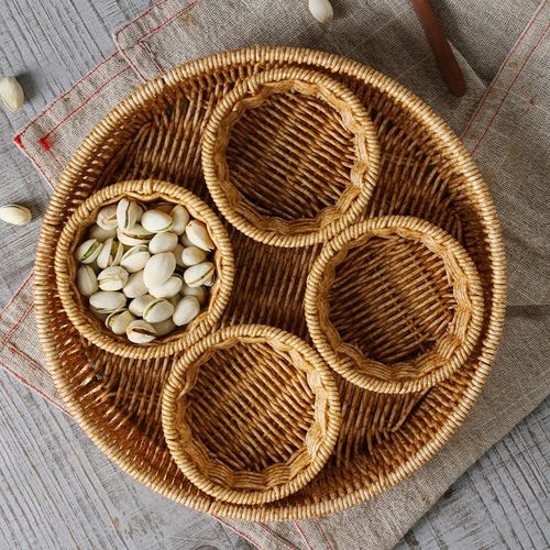 速发塑料藤编水果盘盘茶点碟v食盘零食干果点心小吃子小分格碟