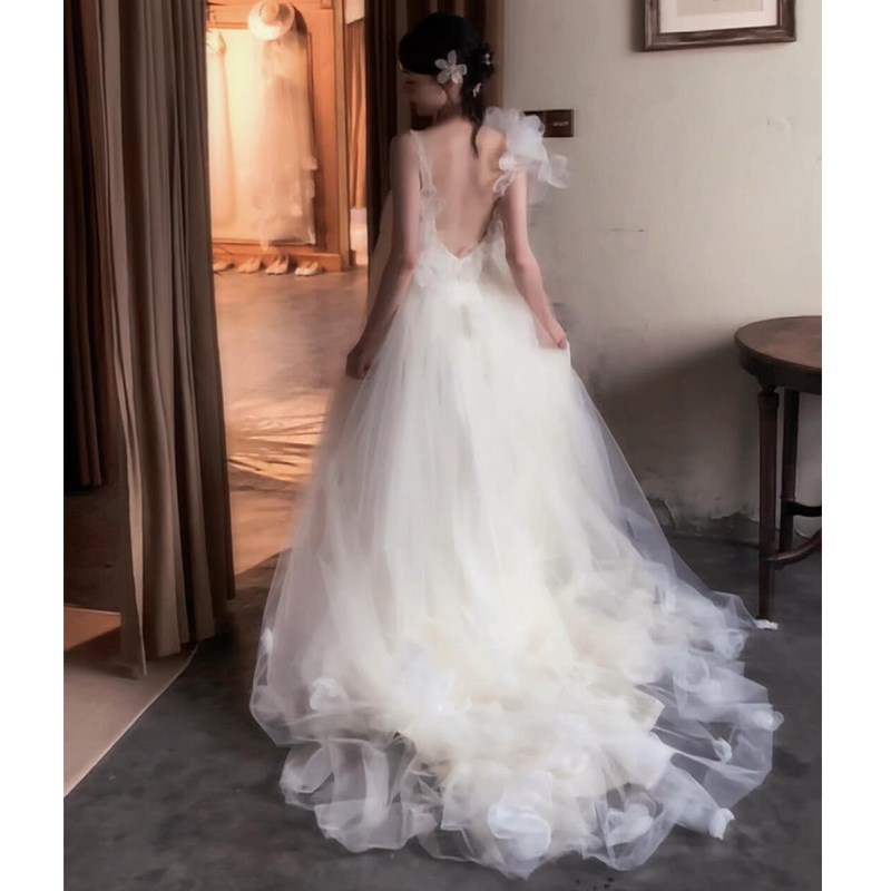 速发缎面轻婚纱2025新款小个子出门纱复古鱼尾订婚礼服高级晨袍女