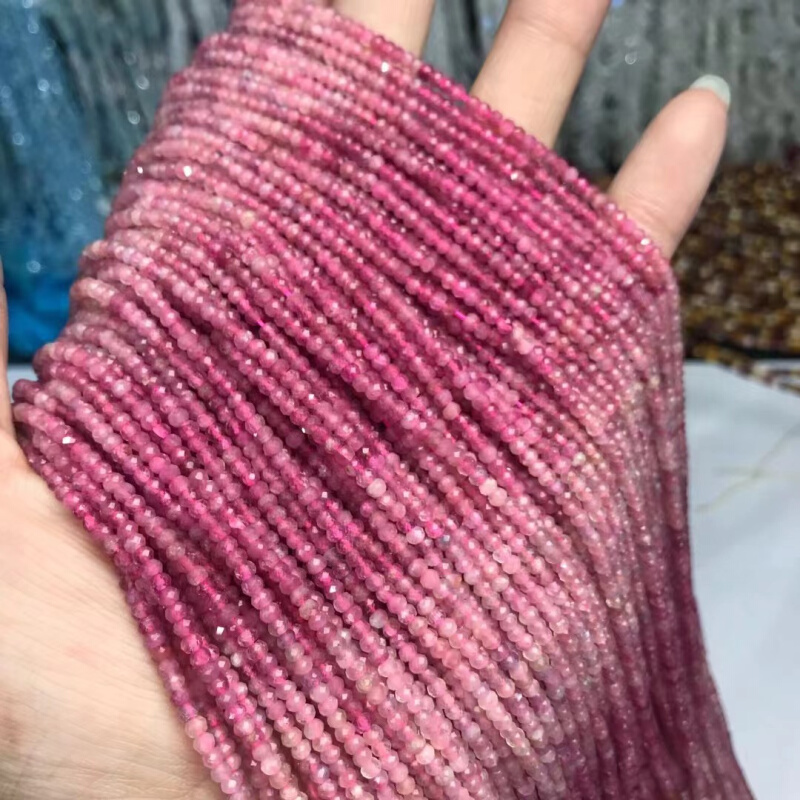 名都水晶 天然渐变色粉碧玺 盘珠刻面切面散珠 DIY饰品配件