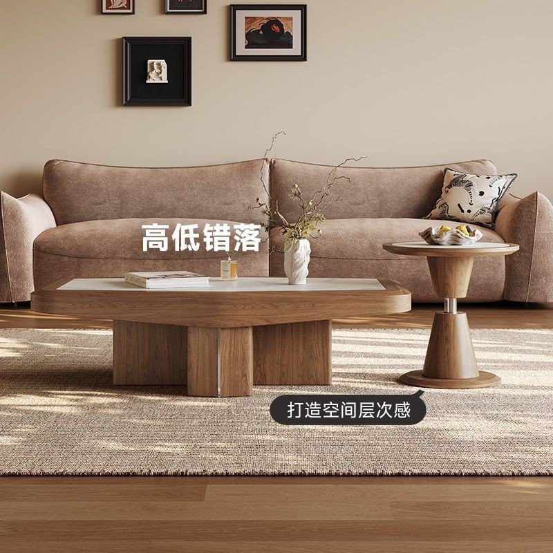 微晶石茶几2026新款客厅家用小户型高级感胡桃木纹设计师茶几组合
