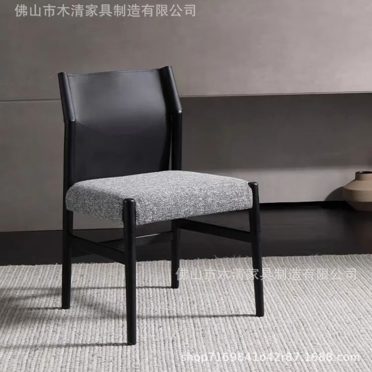 北欧设计师款马鞍皮餐椅意式极简餐厅靠背椅休闲扶手椅子棉麻坐垫