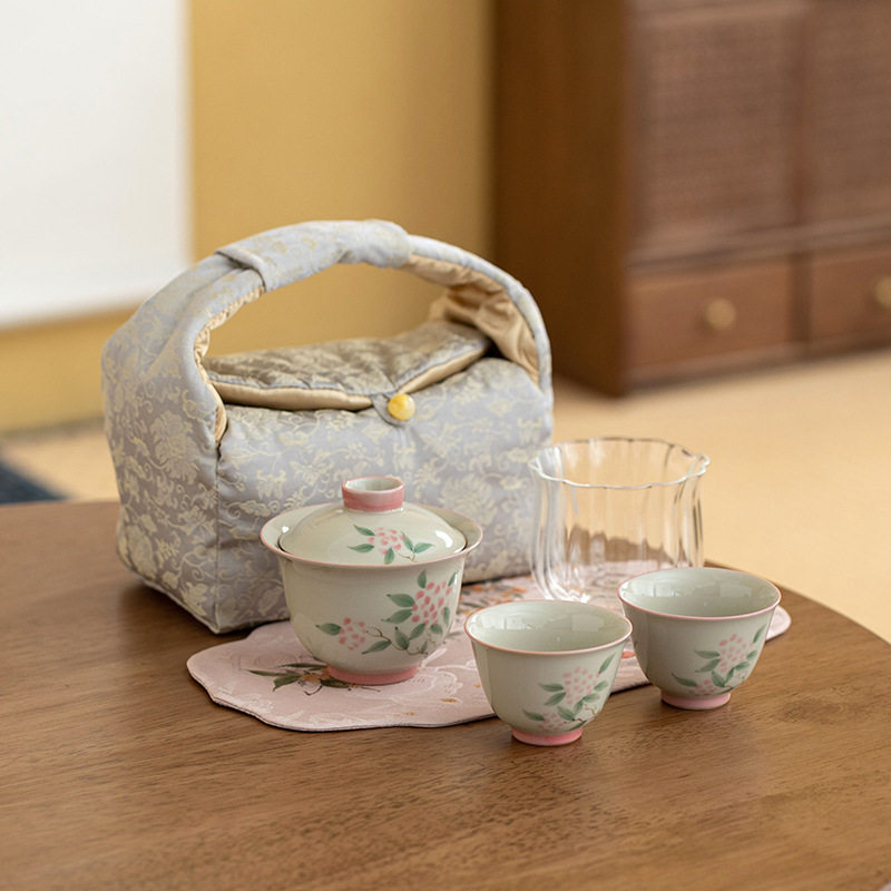 冰台手绘绣球花盖碗两杯布包便携式旅行茶具套组公道杯茶具套装
