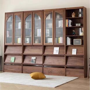 北美黑胡桃木实木书架拱形玻璃门一体整墙客厅简约白橡木到顶书柜
