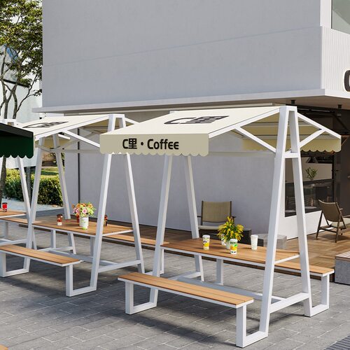 户外广场连体桌椅组合室外庭院花园塑木餐桌奶茶店外摆休闲餐桌椅