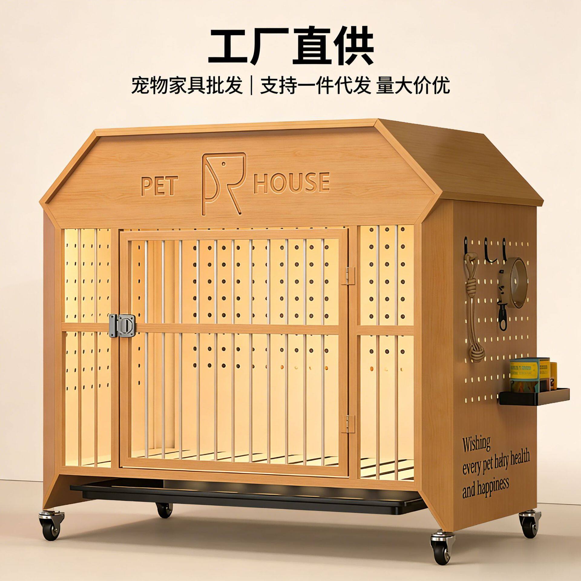 跨境设计源头工厂直供木质房屋型狗笼 带洞洞板收纳 中小型犬室内