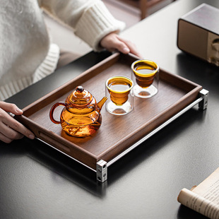 明泉茶斋胡桃木托盘铝质底座书房茶室干泡台创意茶盘茶点果盘奉茶