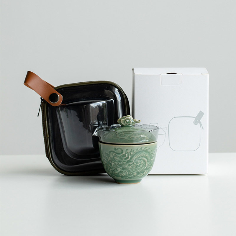 山鼎越窑青瓷祥龙快客杯一壶一杯便携式旅行茶具家用陶瓷套装户外
