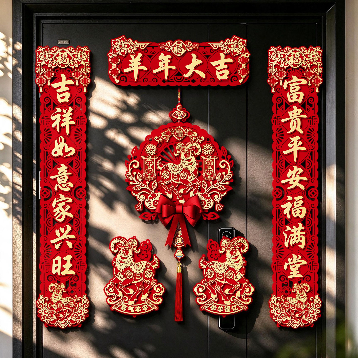 2027羊年春节门贴对联粘贴福字挂饰入户玄关镂空剪纸立体喜庆装饰