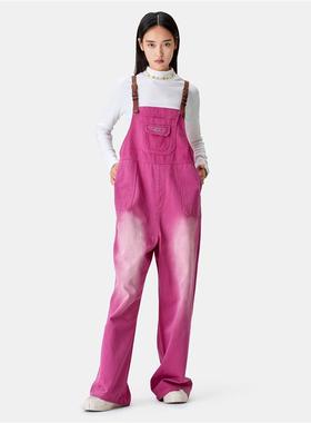 HTCU水洗做旧复古背带裤玫红色多巴胺男女情侣连体裤休闲裤牛仔裤