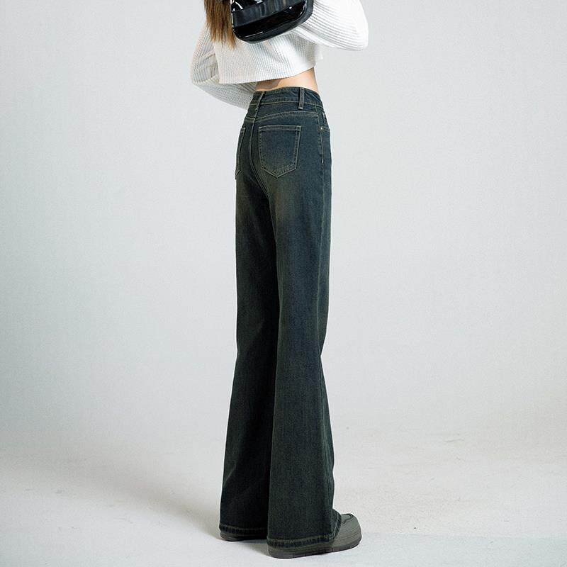 不贴腿微喇裤子女高腰显瘦春秋复古直筒宽松牛仔小个子喇叭裤春季