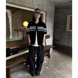 SoleMass Jacquard wool 费尔岛提花翻领宽松羊毛开衫纽扣短袖