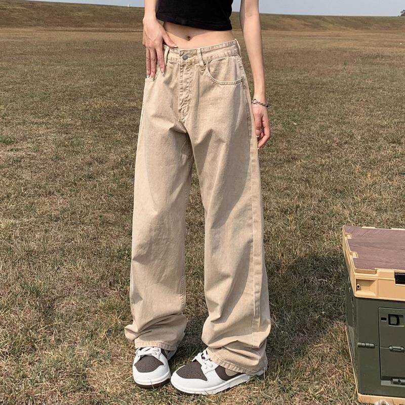 apocket美式复古水洗亚麻色vibe牛仔裤男女欧美直筒堆积感长裤子