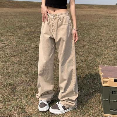 apocket美式复古水洗亚麻色vibe牛仔裤男女欧美直筒堆积感长裤子