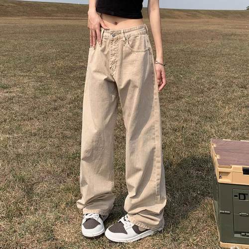 apocket美式复古水洗亚麻色vibe牛仔裤男女欧美直筒堆积感长裤子