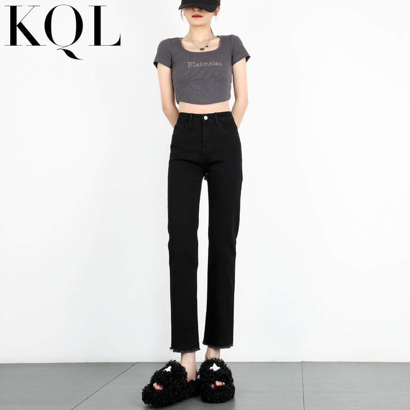 黑色直筒牛仔裤女春秋季新款高腰修身显瘦九分毛边小个子烟管裤子