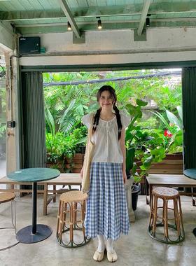 现货【海岛日记】TRYOLO蓝白格纹半身裙女显瘦百褶a字裙长裙伞裙