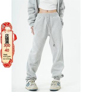 川川也美式街头灰色重磅加绒卫裤男女宽松高腰束脚运动裤休闲秋冬