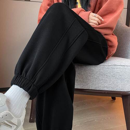 黑色束脚运动裤女2025新款爆款春秋季小个子宽松休闲直筒灯笼卫裤