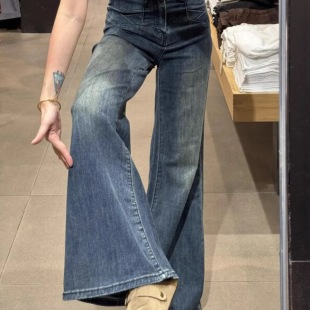 百搭显瘦高腰宽松阔腿拖地裤 新款 女秋季 小个子微喇做旧复古牛仔裤