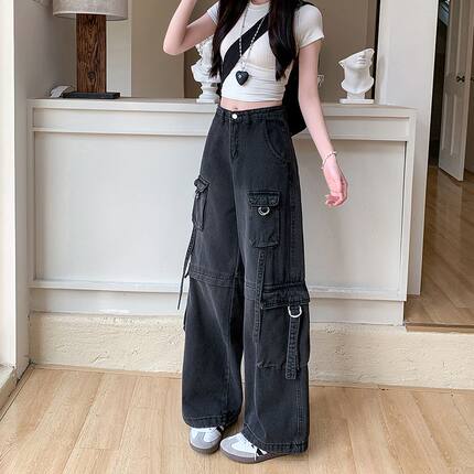 美式黑灰色多口袋工装牛仔裤女2025春秋新款高腰宽松直筒阔腿裤子