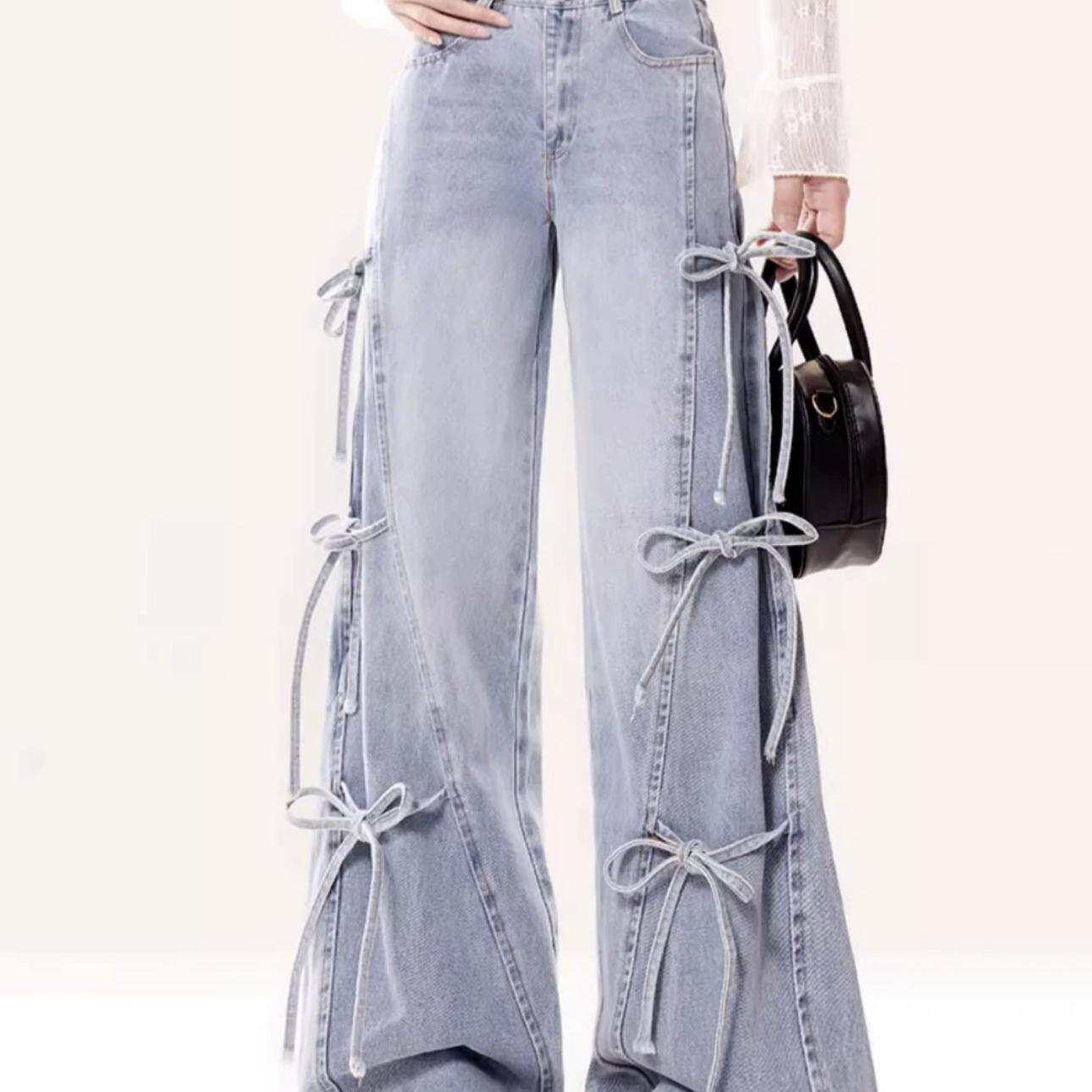复古蝴蝶结绑带高腰阔腿牛仔裤女小个子设计感宽松直筒拖地长裤子
