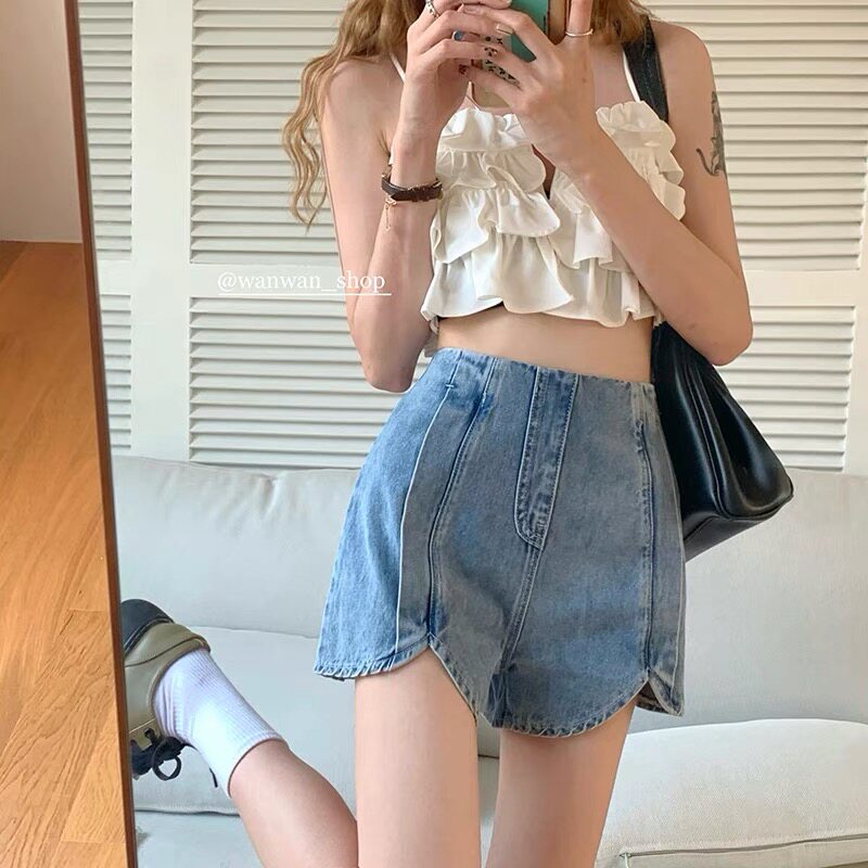 长腿利器~酷甜少女复古高腰花瓣设计显腿长韩版牛仔短裤热裤女潮