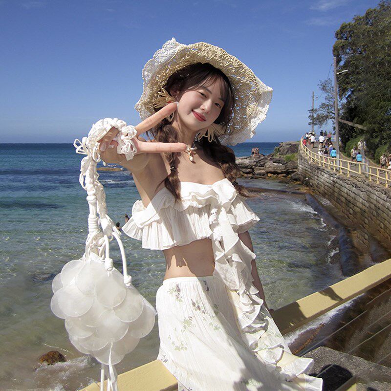 新品荷叶边抹胸h修身连衣裙辣妹三亚海边穿搭拍照沙滩长裙设计2件