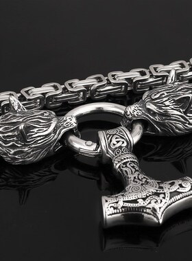 极速Wolf dHead Mens Necklace Celtic Wolf Head Thors Hammer