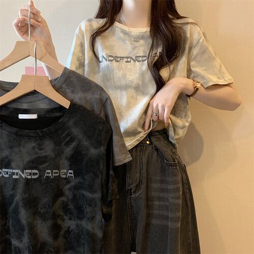 新品美式复古扎染正肩短袖Tx恤女夏季设计感小众小个子短款甜辣小
