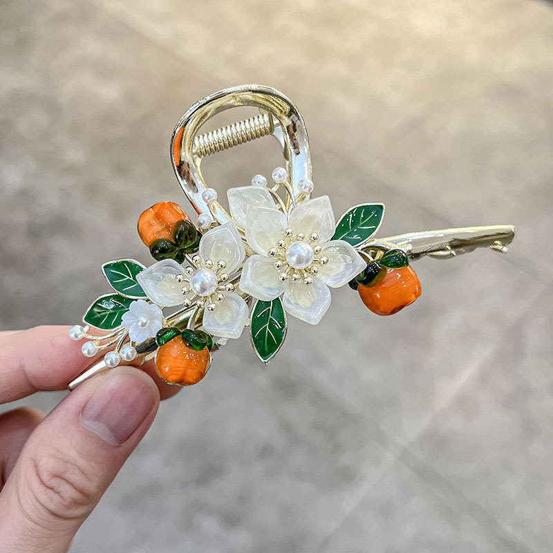 极速古风时尚珍珠l柿子大号抓夹国风花朵盘头发夹网红气质后脑勺