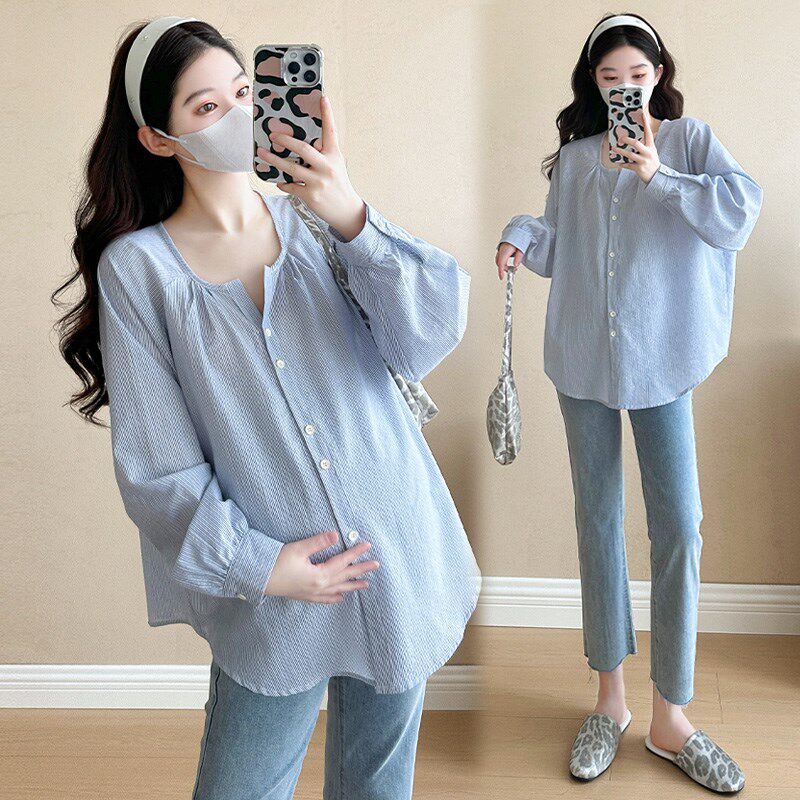 新品孕妇春装上衣女中长款洋气设计感孕I妇装春秋条纹衬衫宽松时