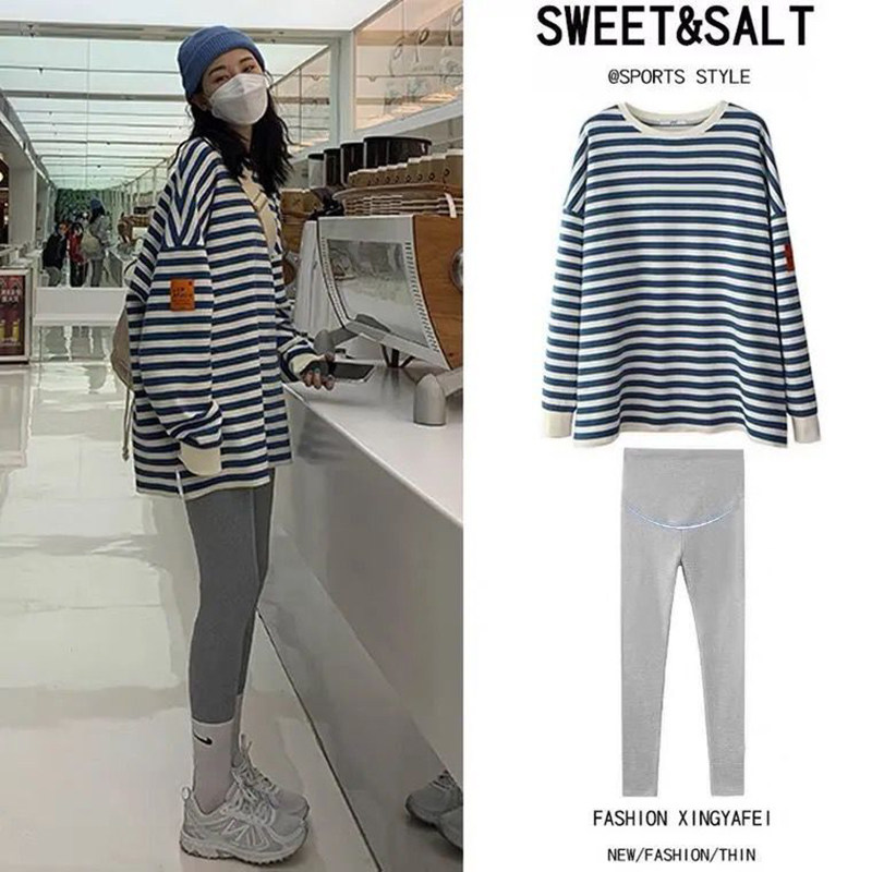 新品孕妇春装套装时尚条纹上衣连z衣裙两件套春秋2025新款春季休