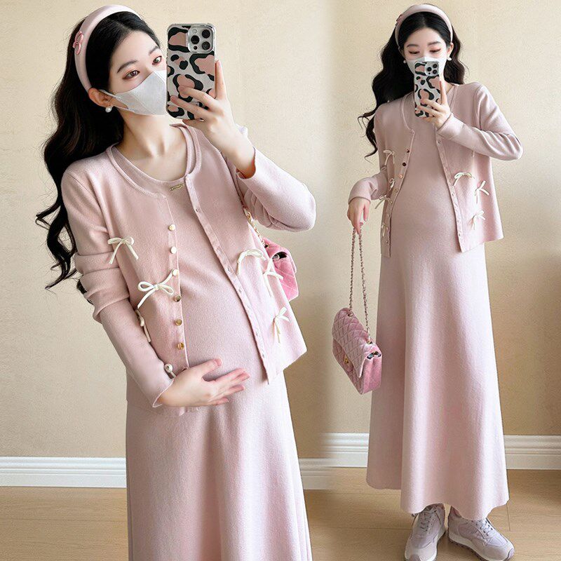 新品孕妇春装连衣裙套装2025春秋新款洋气孕妇装针织X背心裙两件